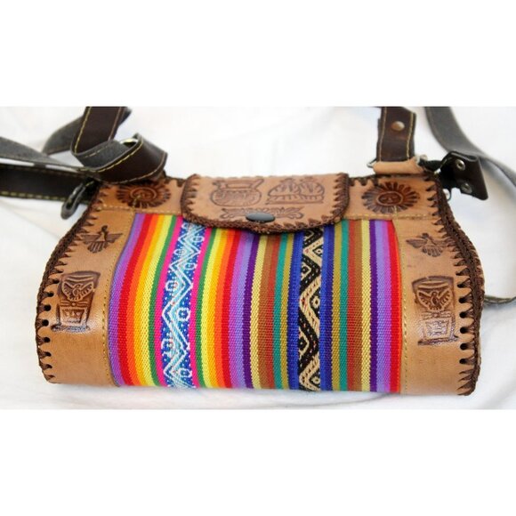 Peruvian Leather Tooled Bag Small Purse Woven Textile Women Shoulder Tear Drop - Picture 3 of 10